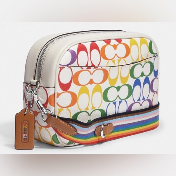 NWOT Coach Jamie Leather Camera Bag Rainbow Signature Canvas Silver/Chalk Multi - Picture 14 of 15